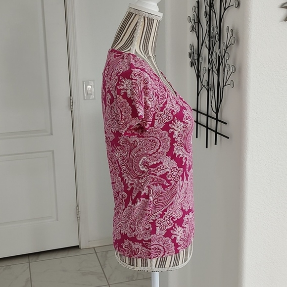 New Talbots Magenta & White Paisley Print Scooped Neck Short Sleeve Top Small P - Picture 3 of 7